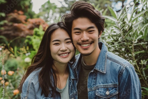 Portrait of a grinning asian couple in their 20s sporting a rugged denim jacket isolated in lush green garden © Markus Schröder