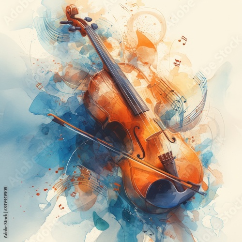 A watercolor painting of a violin with a blue and orange background, illustrations Musical Instruments, fiddle and musical notes.