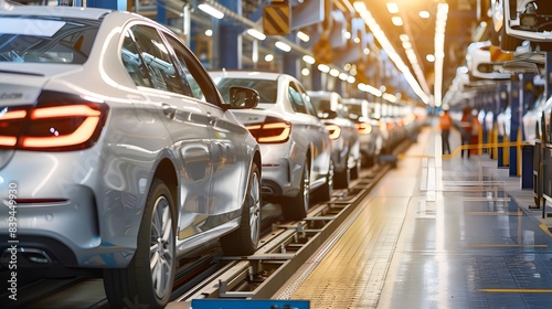 Mass production assembly line of modern cars in a busy factory 