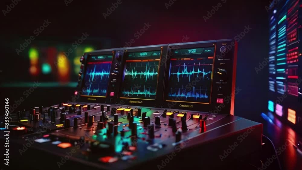 Futuristic VU DJ booth meters with holographic displays and electric blue lighting effects, Sound wave equalizer Modern Audio music voice talking, radio signals, seamless loop Animation