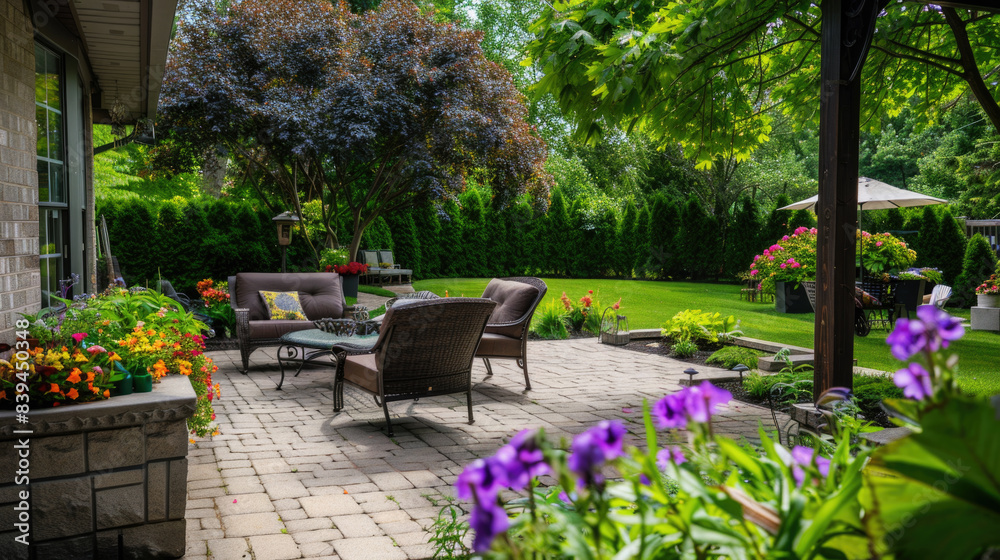 Beautiful backyard landscape design, cozy patio area with flowers, grass, hedges, and a sitting area Beautiful backyard landscape design, cozy patio area with flowers, grass, hedges, and a sitting area