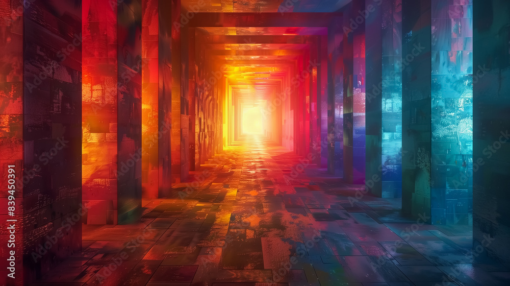 Abstract futuristic tunnel with colorful glowing lights and mosaic walls. Abstract futuristic tunnel with colorful glowing lights and mosaic walls.