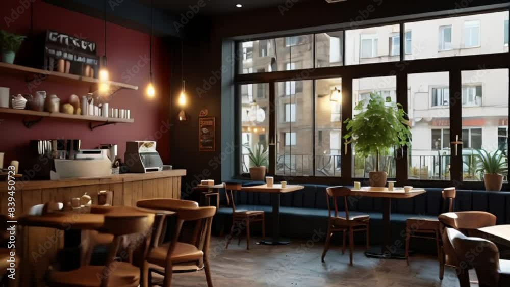 Modern Cafe Interior with Wooden Furniture and Large Window Modern Cafe Interior with Wooden Furniture and Large Window
