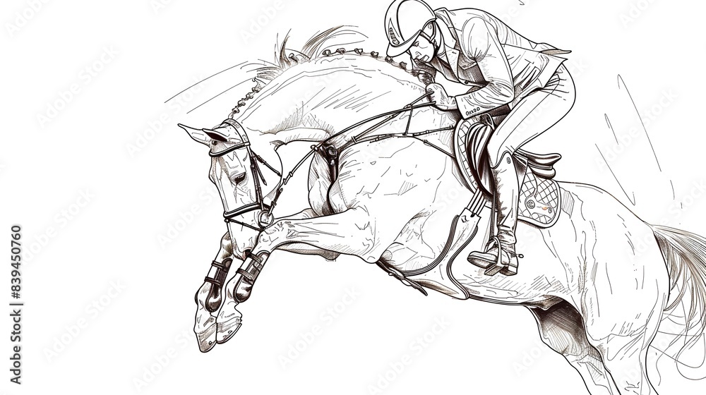 Fototapeta premium Adrenaline-Fueled Equestrian Jumping Competition Showcasing Skill and Triumph