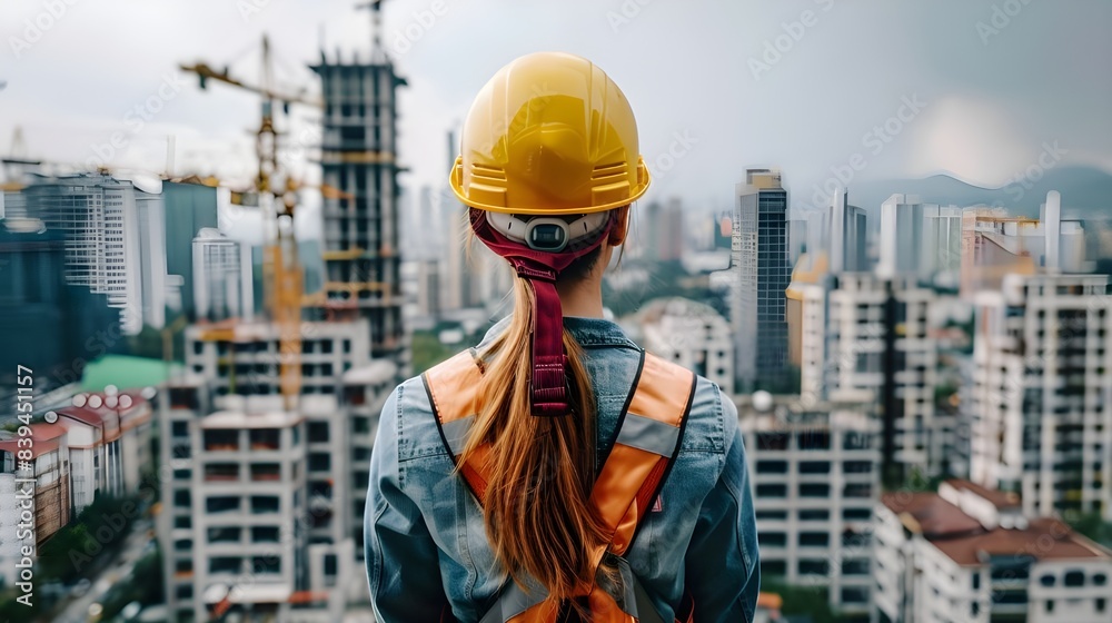Portrait of a young construction worker woman with safety helmet letting see city buildings under construction on white background with copy space Portrait of a young construction worker woman with safety helmet letting see city buildings under construction on white background with copy space