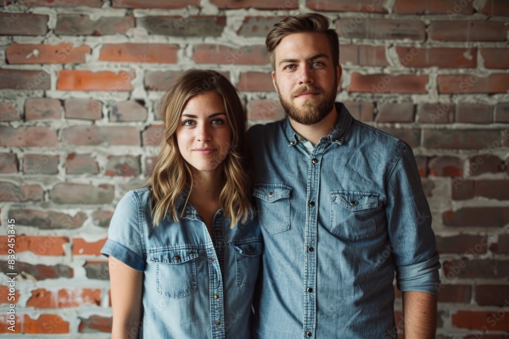 Portrait of a satisfied caucasian couple in their 20s sporting a versatile denim shirt isolated in vintage brick wall