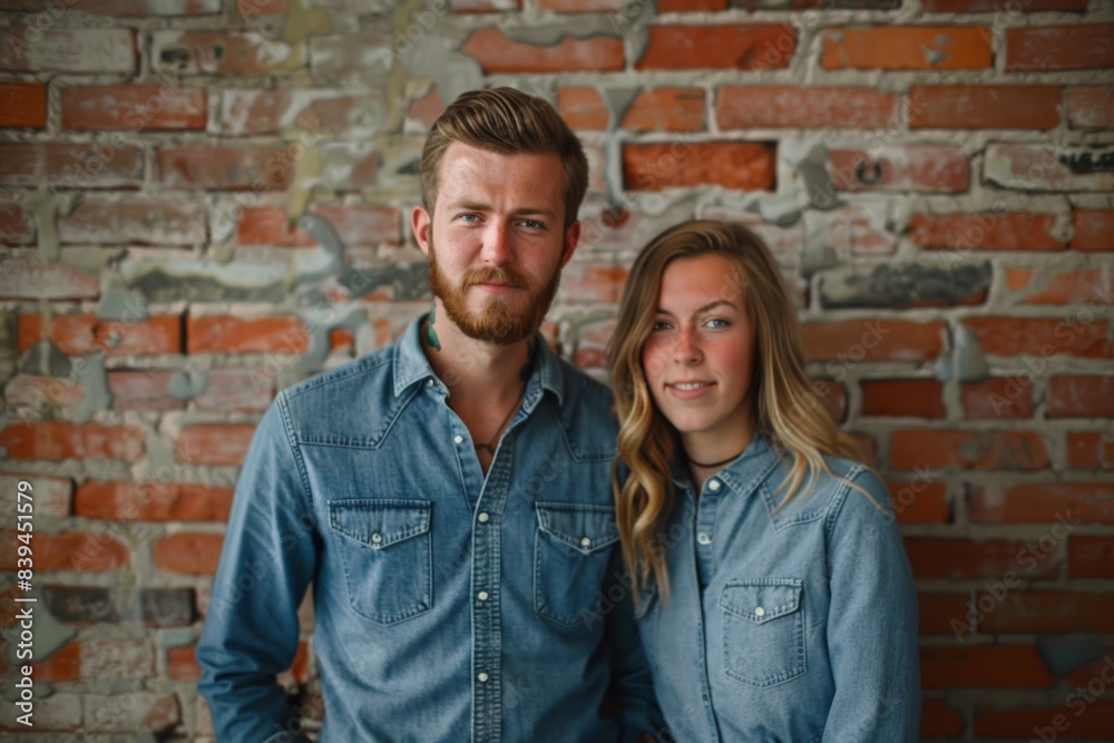 Portrait of a satisfied caucasian couple in their 20s sporting a versatile denim shirt isolated on vintage brick wall Portrait of a satisfied caucasian couple in their 20s sporting a versatile denim shirt isolated on vintage brick wall