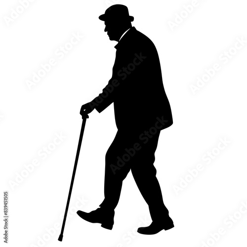 Old man walking and leaning on a cane, on a white background