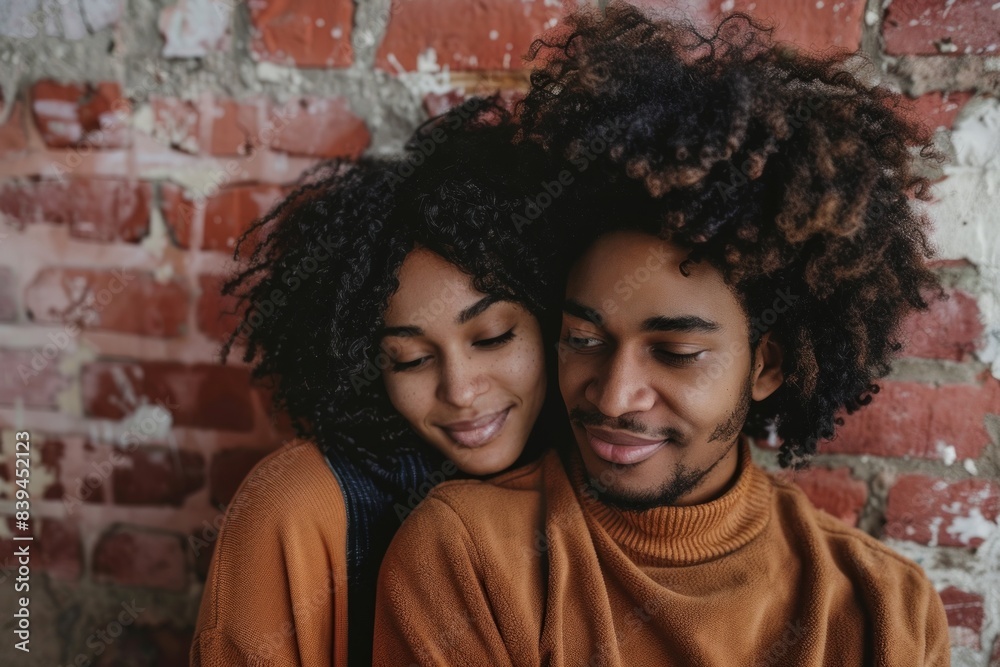 Portrait of a content afro-american couple in their 20s wearing a thermal fleece pullover isolated in vintage brick wall Portrait of a content afro-american couple in their 20s wearing a thermal fleece pullover isolated in vintage brick wall