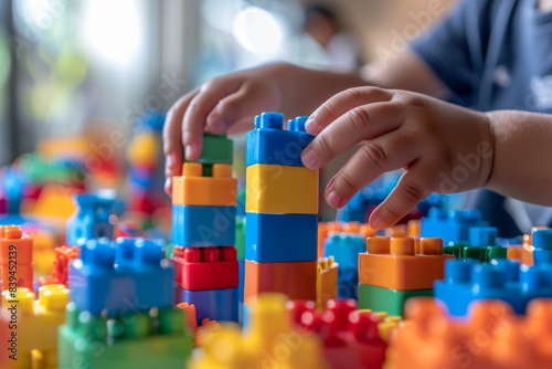 Child Playing with Colorful Building Blocks on Table