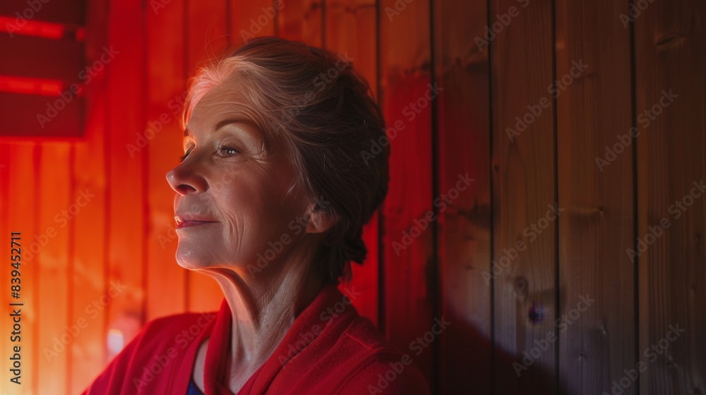 Feeling serene in the sauna. Shot of a mature woman in a red sauna Feeling serene in the sauna. Shot of a mature woman in a red sauna