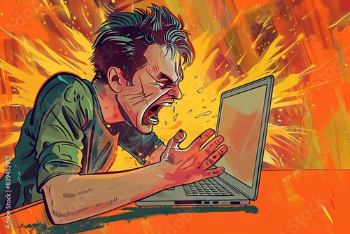 illustration of a man angry at a laptop screen, rage , frustrated , stress, mad , furious