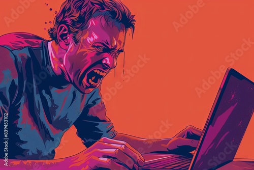 illustration of a man angry at a laptop screen, rage , frustrated , stress, mad , furious