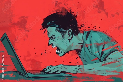 illustration of a man angry at a laptop screen, rage , frustrated , stress, mad , furious