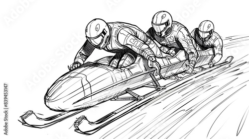 Continuous Line Drawing of Bobsled Team in Action on Icy Slope