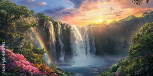 Rainbow and waterfall scene in a tranquil forest