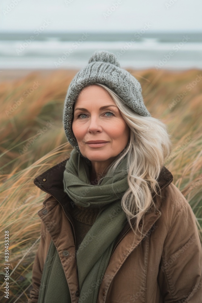 Serene Mature Woman Enjoying Autumn Beach Walk Serene Mature Woman Enjoying Autumn Beach Walk