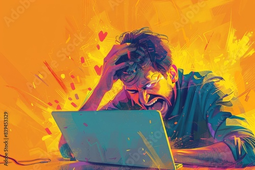 illustration of a man angry at a laptop screen, rage , frustrated , stress, mad , furious