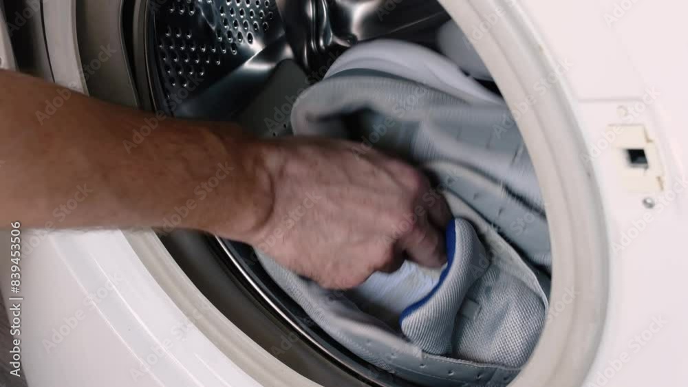 Video of a man's hand putting sports shoes in the washing machine. Concept of taking care of sports shoes. Loading the washing machine. Video of a man's hand putting sports shoes in the washing machine. Concept of taking care of sports shoes. Loading the washing machine.