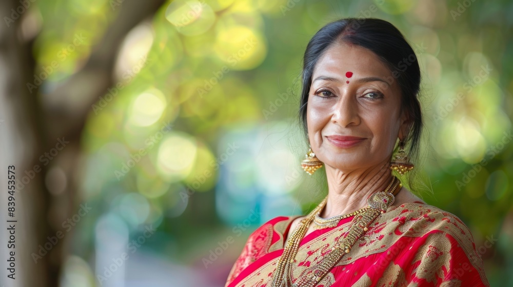 Elderly woman in traditional Indian sari standing outdoors with blurred green background. Elderly woman in traditional Indian sari standing outdoors with blurred green background.