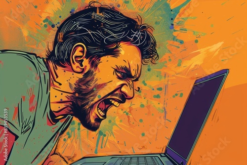 illustration of a man angry at a laptop screen, rage , frustrated , stress, mad , furious