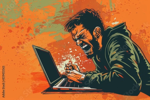 illustration of a man angry at a laptop screen, rage , frustrated , stress, mad , furious