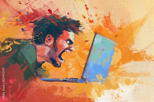 illustration of a man angry at a laptop screen, rage , frustrated , stress, mad , furious