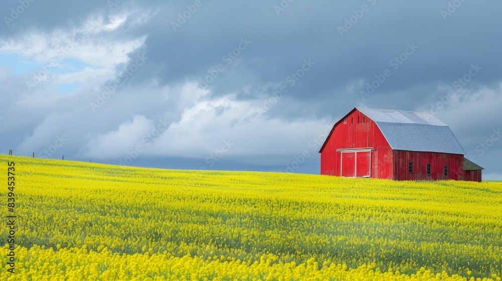 Red barn in yellow canola field under cloudy sky. Rural landscape photography. Red barn in yellow canola field under cloudy sky. Rural landscape photography.