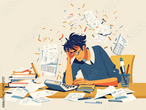 Office Worker Struggles: The Frustrations of Mathematical Mishaps: A Perplexed Individual Grapples with a Calculator and Paperwork