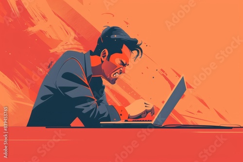 illustration of a man angry at a laptop screen, rage , frustrated , stress, mad , furious