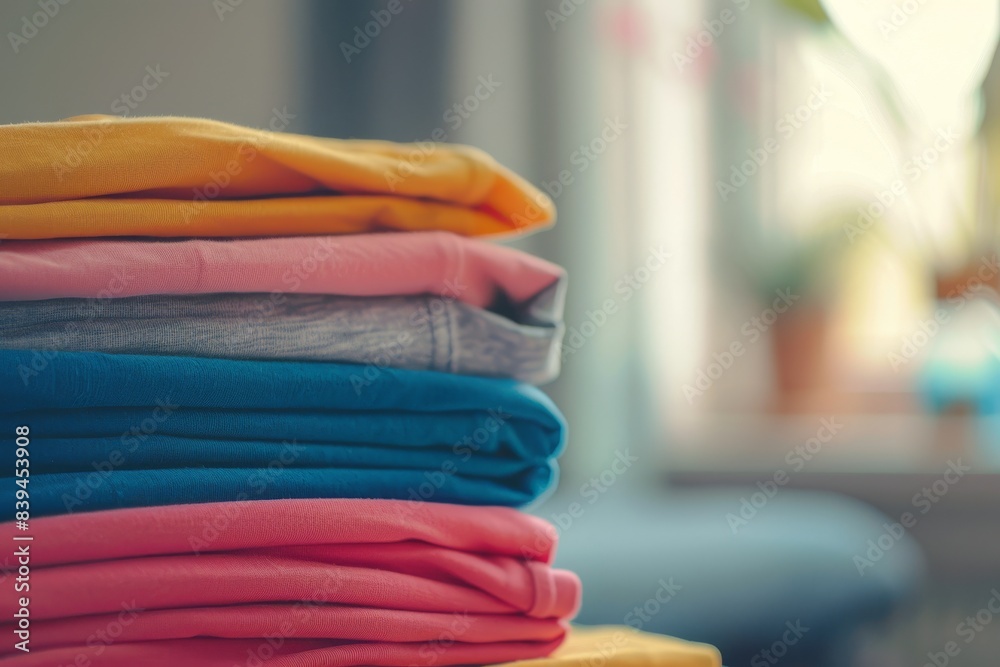 A stack of colorful tshirts neatly folded on top of each other, with one shirt in the foreground showing off its texture and colors. A stack of colorful tshirts neatly folded on top of each other, with one shirt in the foreground showing off its texture and colors.