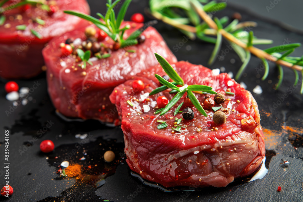 Raw beef fillet mignon steaks with herbs and spices on dark stone background Raw beef fillet mignon steaks with herbs and spices on dark stone background