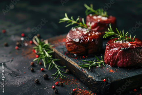 Raw beef fillet mignon steaks with herbs and spices on dark stone background