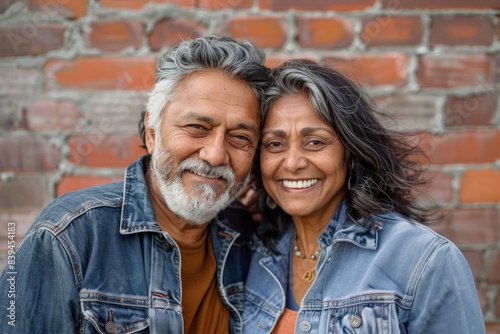 Portrait of a joyful indian couple in their 50s sporting a rugged denim jacket isolated on vintage brick wall