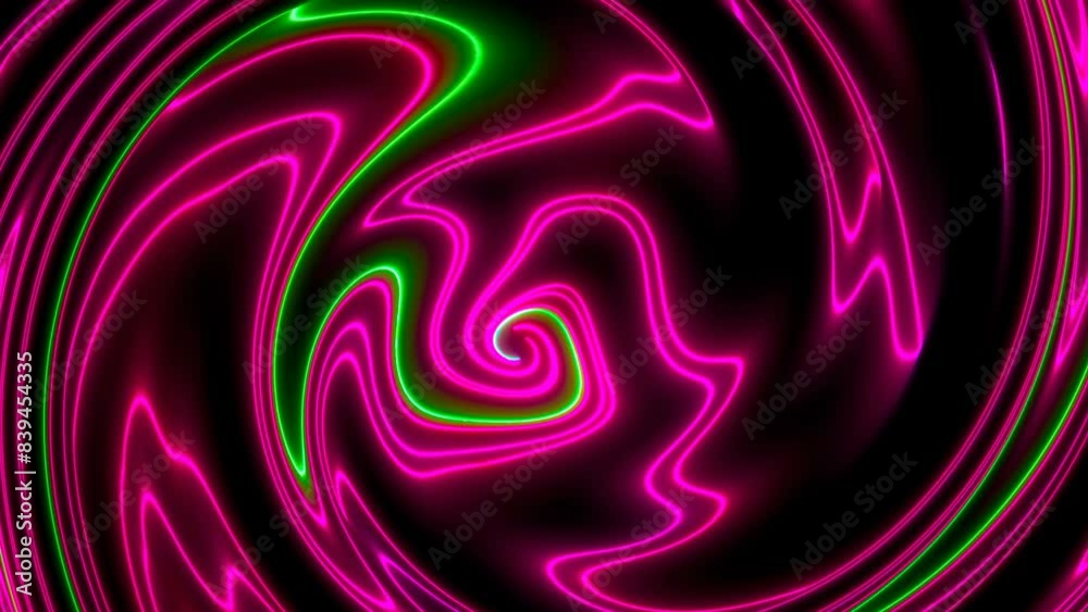 Kaleidoscopic abstract background of pink and green neon turbulent lines. Seamless hypnotic psychedelic animation a geometric backdrop