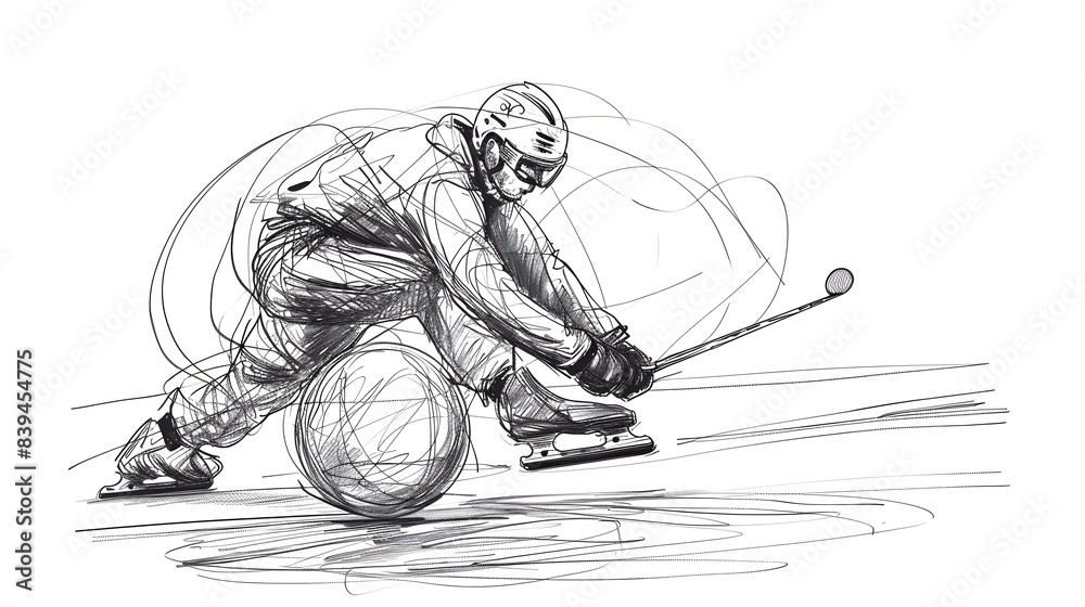 Curling Player Sliding Stone in Continuous Line Sketch Curling Player Sliding Stone in Continuous Line Sketch