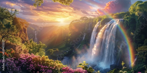 Rainbow and waterfall scene in a serene environment
