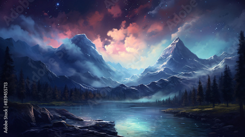 Beautiful night landscape with mountains and forest © Silard