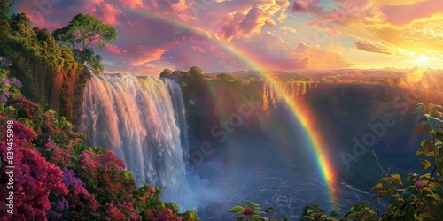 Rainbow and waterfall scene in a serene atmosphere