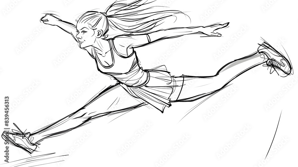 Fototapeta premium Energetic Cheerleader Mid-Jump in Minimalist Single Line Sketch
