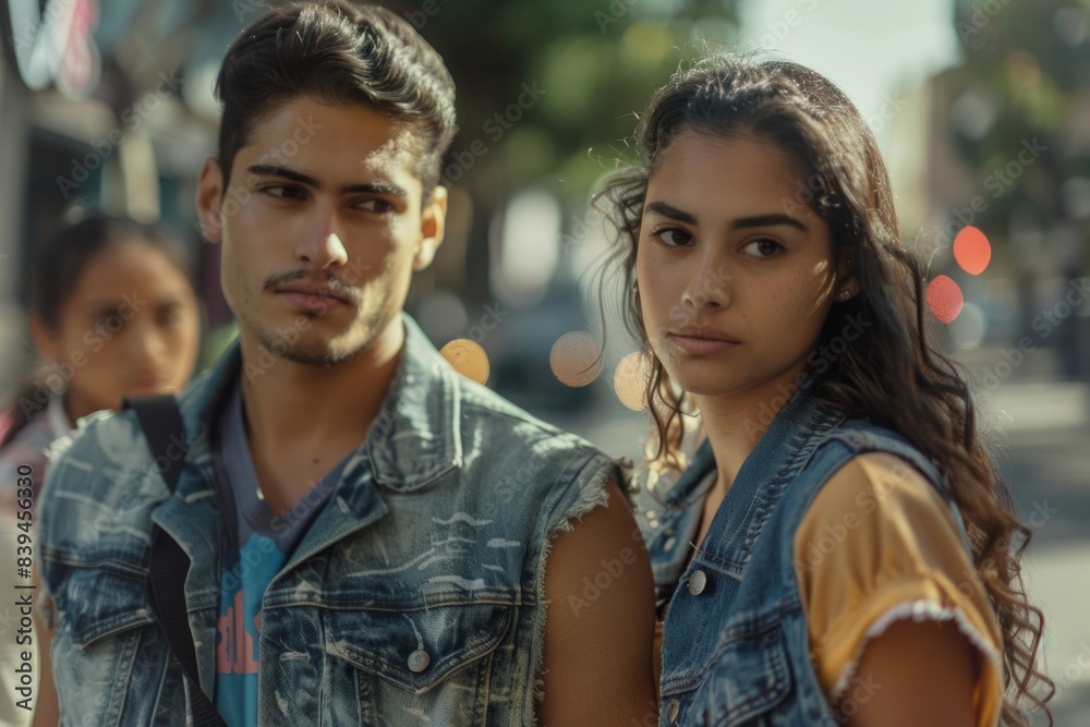 Portrait of a content latino couple in their 20s wearing a rugged jean vest in busy urban street Portrait of a content latino couple in their 20s wearing a rugged jean vest in busy urban street
