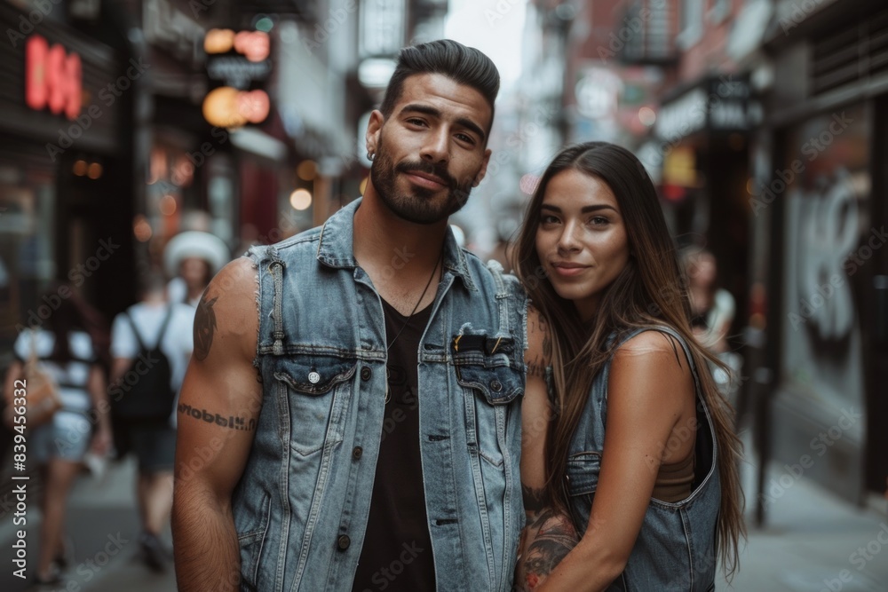 Portrait of a content latino couple in their 20s wearing a rugged jean vest isolated on busy urban street