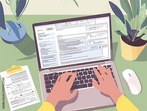 Animated Illustrations E-File Tax Season: Close-Up of Laptop and Tax Form
