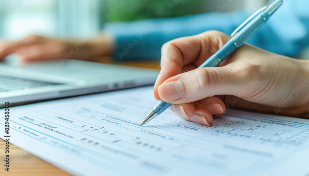 In the image, an individual is using a pen to write on a sheet of paper in an office environment In the image, an individual is using a pen to write on a sheet of paper in an office environment