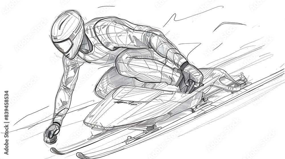 Fluid Skeleton Racer Gliding on Sled in One-Line Drawing Fluid Skeleton Racer Gliding on Sled in One-Line Drawing