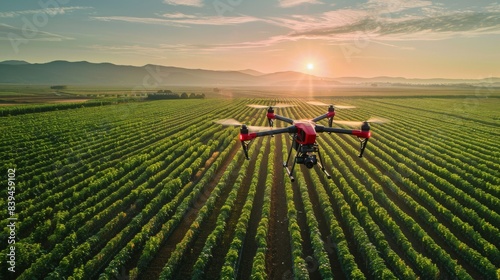 A drone flying over a lush green agricultural field at sunset, highlighting modern farming technology and scenic rural landscapes. photo
