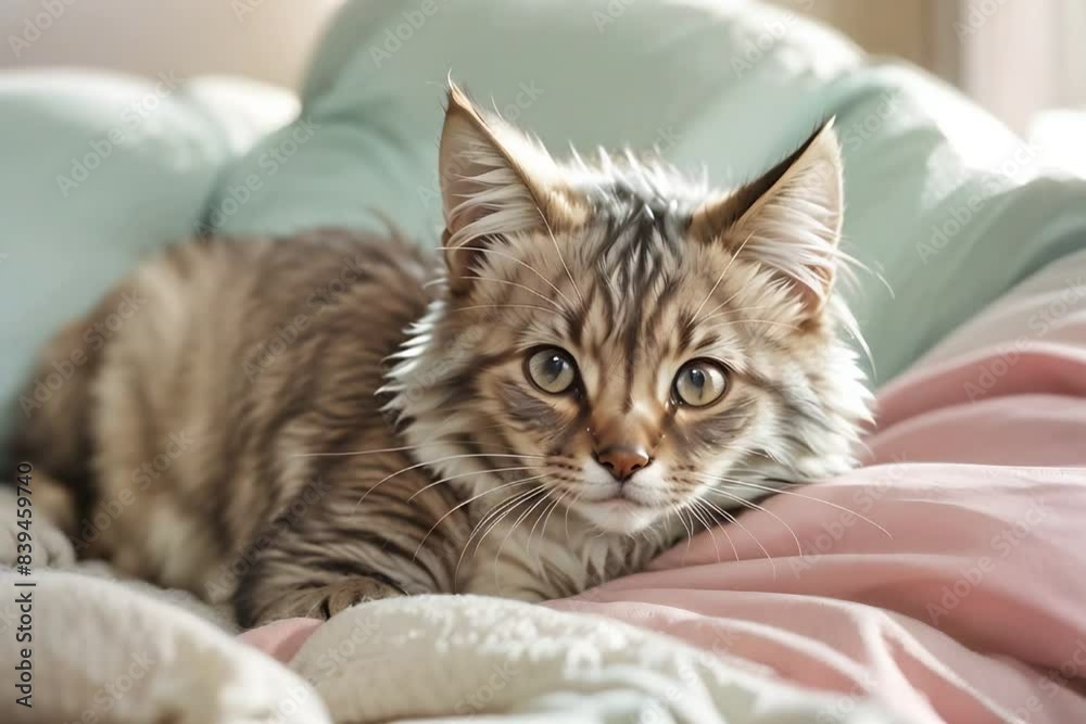Fluffy grey and white kitten resting on a bed. The curious kitten is nestled in soft, pastel-colored blankets and bedding Fluffy grey and white kitten resting on a bed. The curious kitten is nestled in soft, pastel-colored blankets and bedding