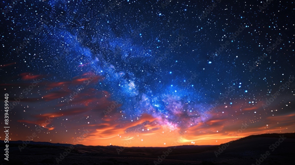 Fototapeta premium A breathtaking night sky filled with stars and the Milky Way galaxy, set against a colorful sunset over a dark landscape.