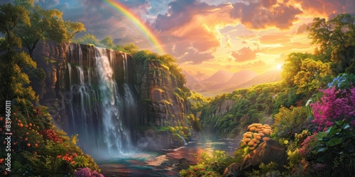 Rainbow and waterfall scene in a calm nature