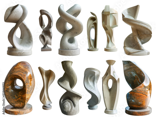 Collection of abstract stone sculptures showcasing various shapes and textures, perfect for modern art enthusiasts and collectors.transparent, png,